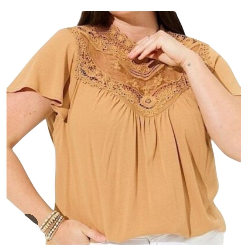 Torrid Cognac Brown Lace Yoke Mock Neck Flutter Sleeve Blouse Plus Size 5 5X